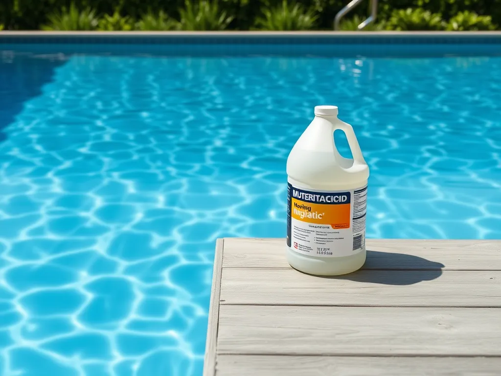 Container of muriatic acid by a swimming pool to illustrate its use for lowering pH levels.