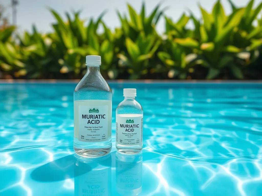 Bottles of muriatic acid near a swimming pool, illustrating its use in lowering pH levels in pool water.