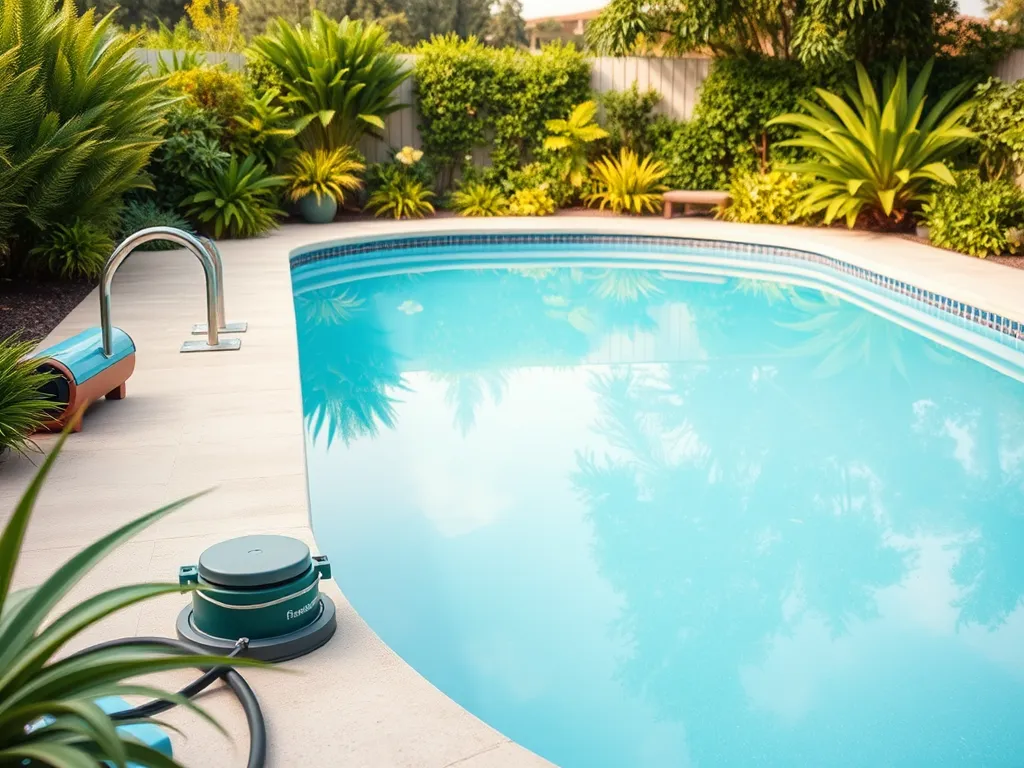 A well-maintained swimming pool surrounded by lush greenery, illustrating off season pool care.