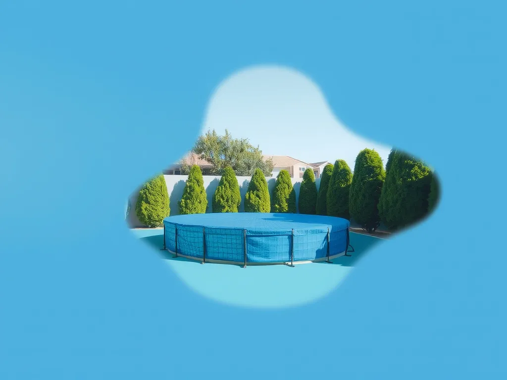 A covered pool surrounded by greenery for off season pool care tips.