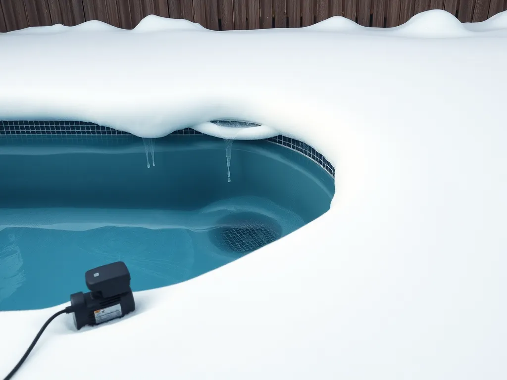 Snow-covered oval pool with an inch of water showing, used for calculating gallons in oval pools