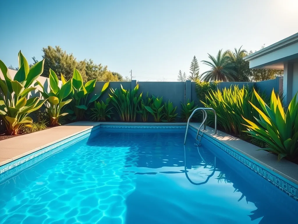 A clear blue above ground pool surrounded by tropical plants, illustrating the potential aesthetic of a painted pool.