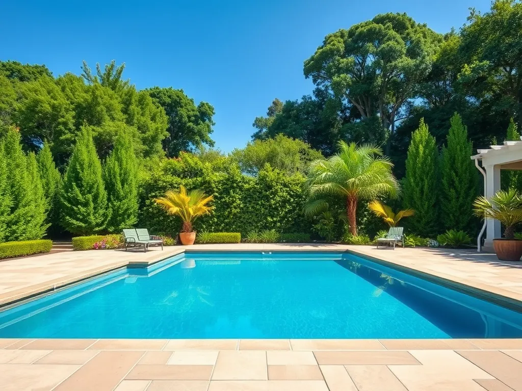 Beautiful gunite pool with vibrant blue water, surrounded by lush greenery and poolside seating.