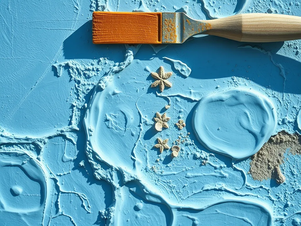 Close-up of a brush and blue paint on plaster, illustrating the process of painting a plaster pool.