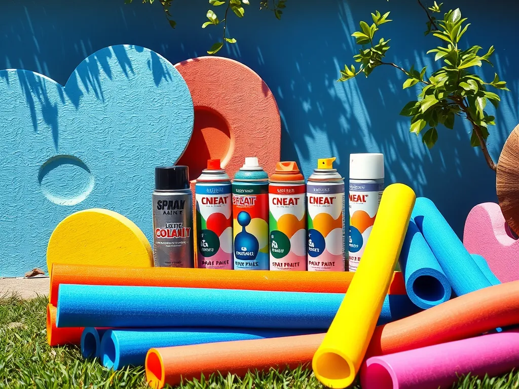 Colorful spray paint cans next to pool noodles used for crafting and decoration.