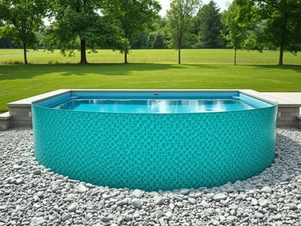 Partially buried above ground pool surrounded by landscaping and stones