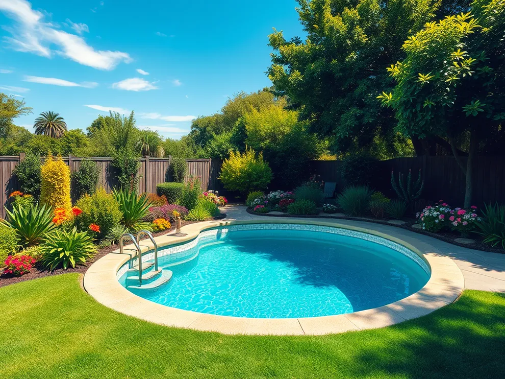 Beautiful above ground pool partially buried in a landscaped garden.
