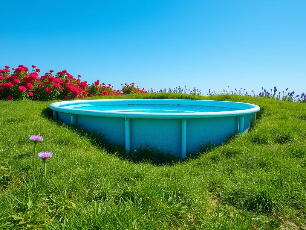 An above ground pool partially buried in grass, surrounded by flowers, illustrating the concept of burying an above ground pool.