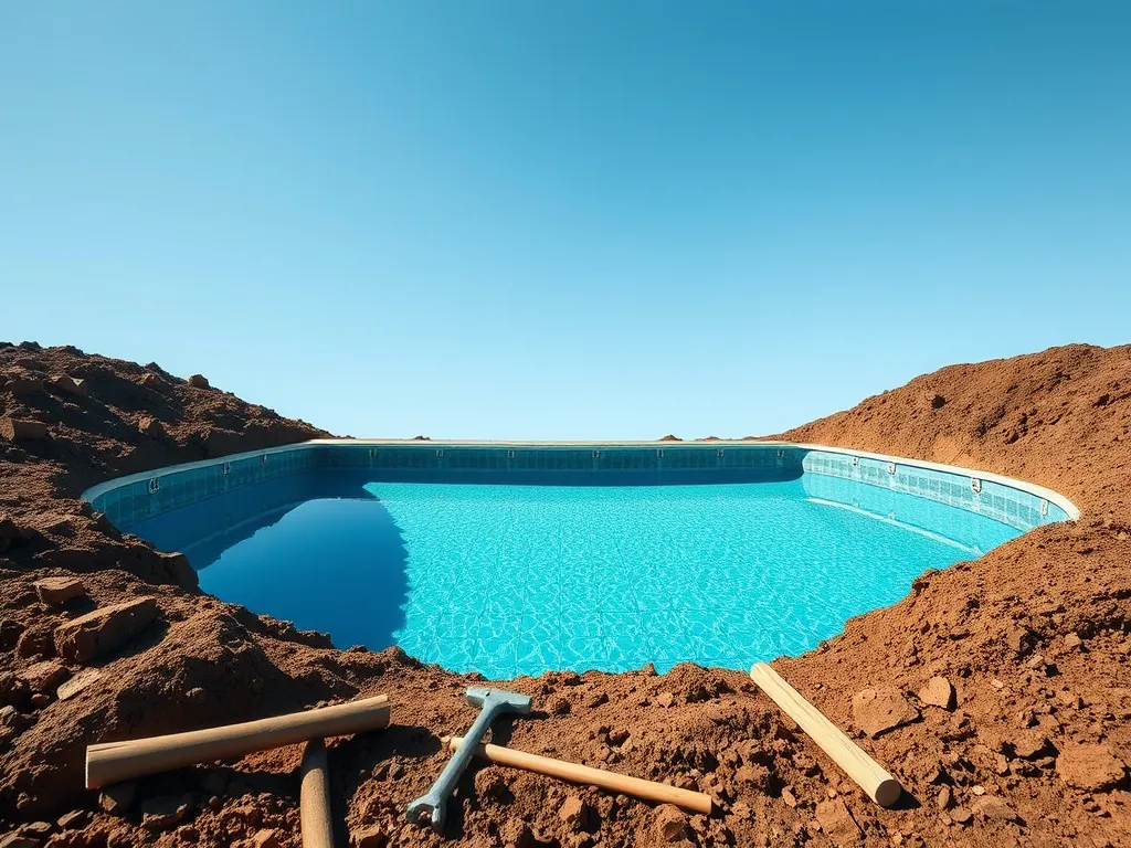 Above ground pool partially buried with earth around it, illustrating the concept of burying a pool.