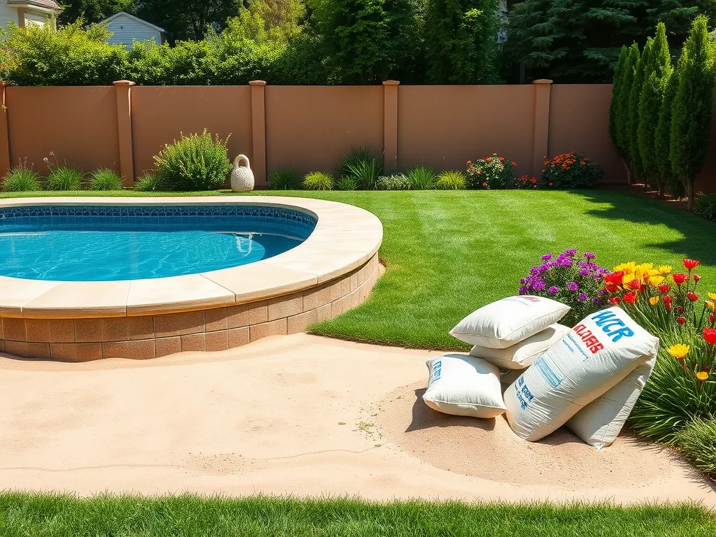 Bags of paver sand next to a swimming pool installation, illustrating the importance of sand under a pool.