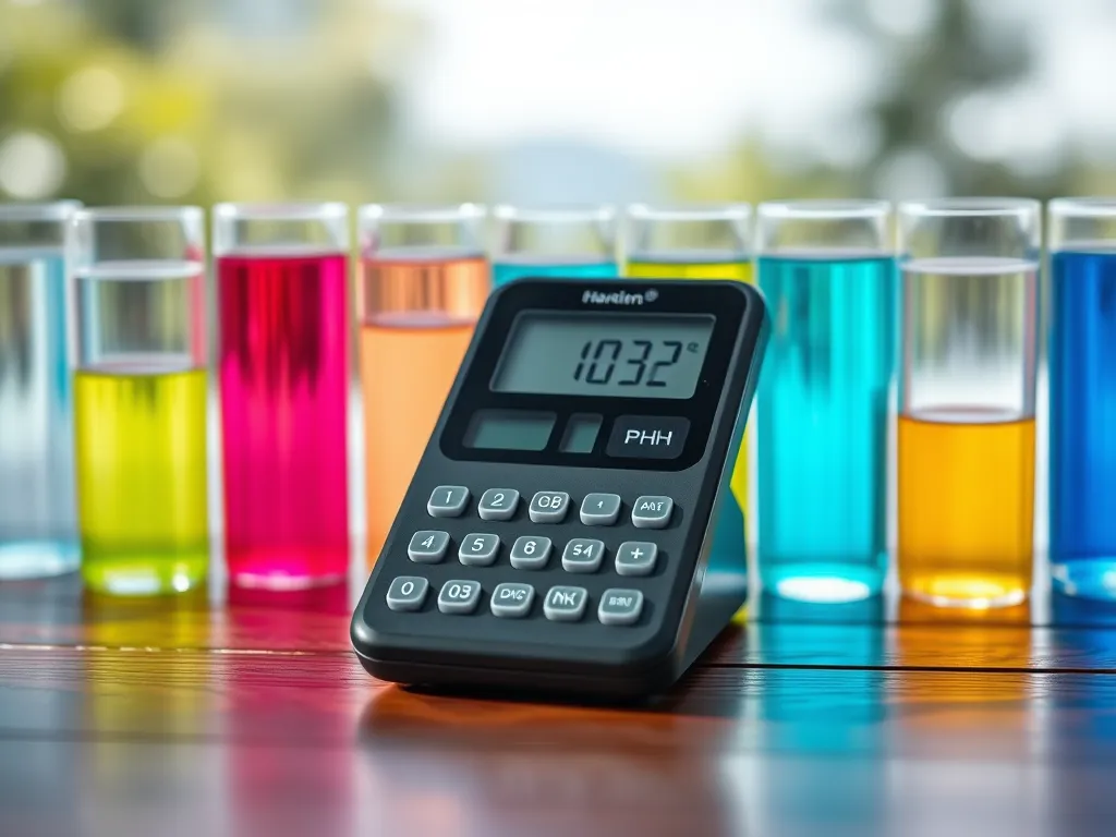Digital PH Adjustment Calculator Displaying Measurements Next to Colorful Solutions