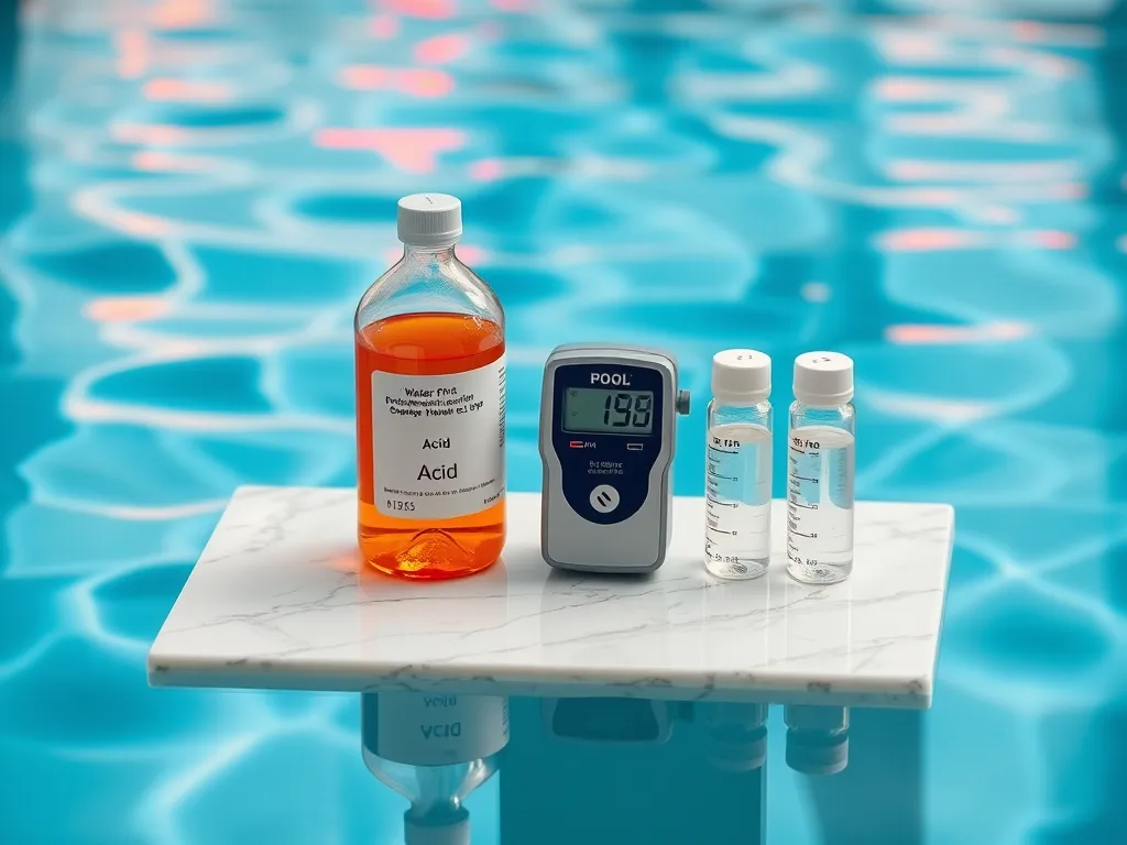 Image showing a pH adjustment calculator with acid solution and measuring device for pool maintenance