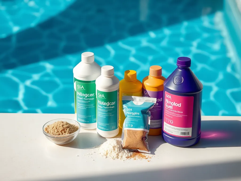 Bottles of phosphate remover and pool treatment products next to a swimming pool