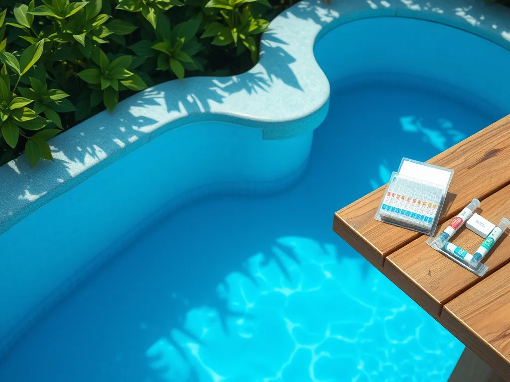 A collection of pool alkalinity testing kits placed beside a clear blue swimming pool.