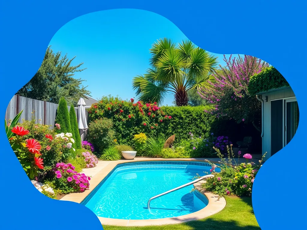 Stunning garden pool with flowers and palm trees for pool build cost calculator