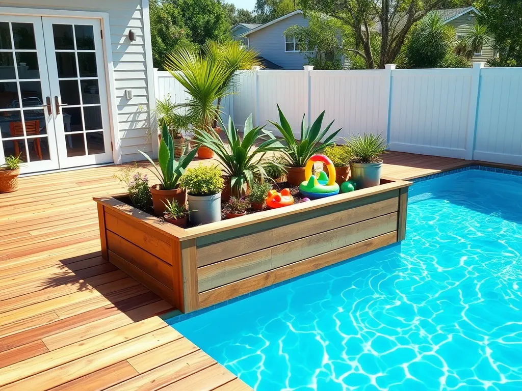 A deck box filled with pool chemicals near a swimming pool, highlighting safe storage options.