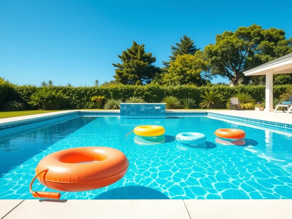 Colorful pool floats in a swimming pool emphasizing pool chlorine effects on clothes.