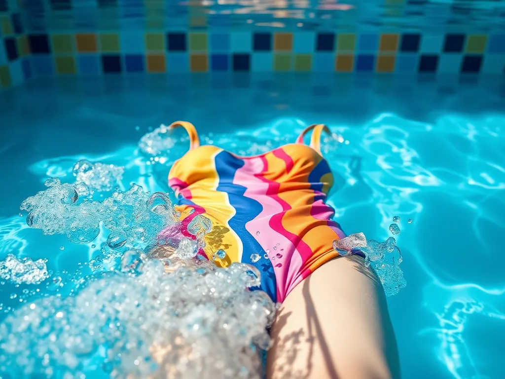 Colorful swimsuit in pool water demonstrating the effects of pool chlorine.