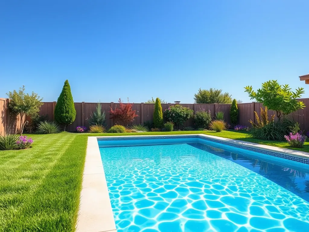 Swimming pool with clear water and surrounding garden, discussing pool chlorine use for cleaning vinyl siding.