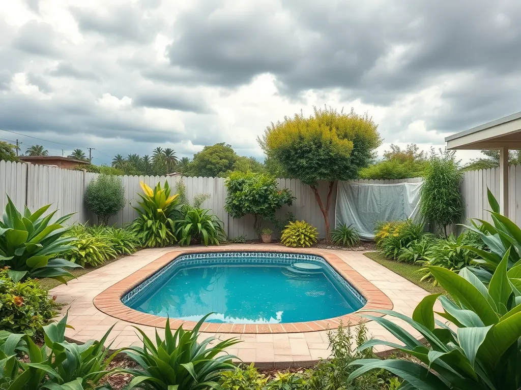 A pool surrounded by greenery, relevant to using pool chlorine for cleaning vinyl siding.