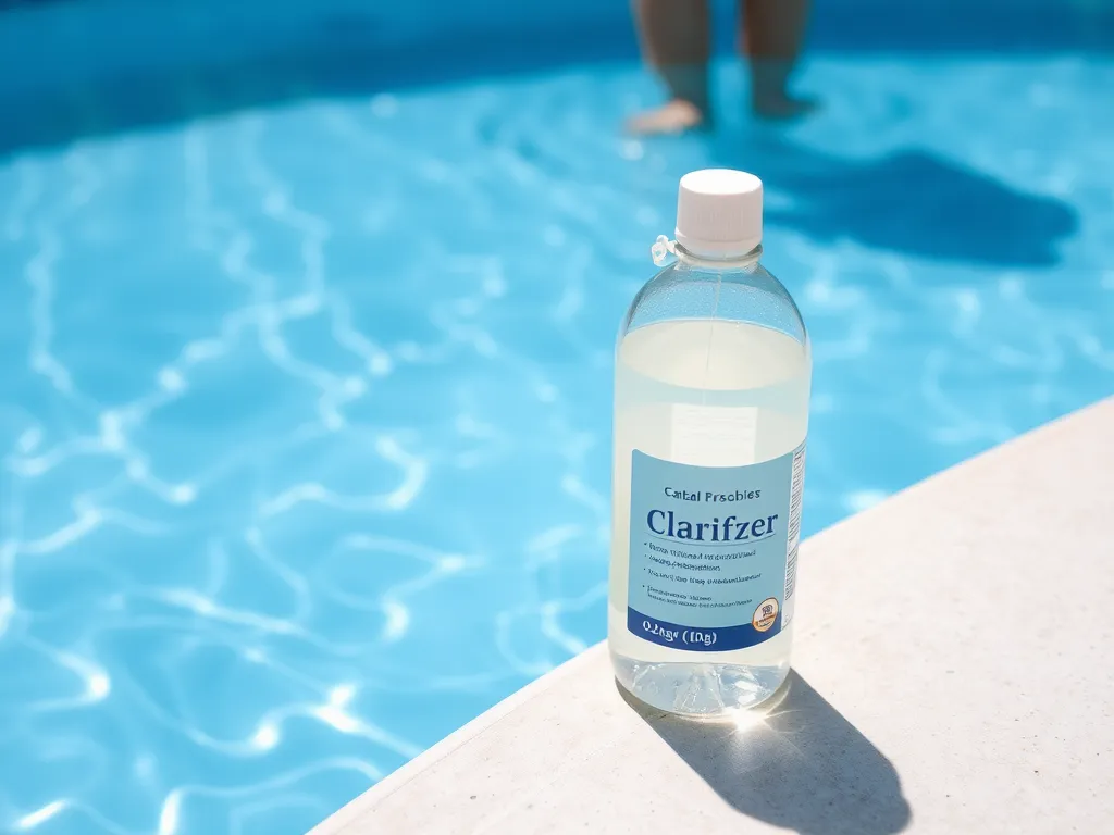 Bottle of clarifier next to a swimming pool, discussing swimming safety after using pool clarifier.