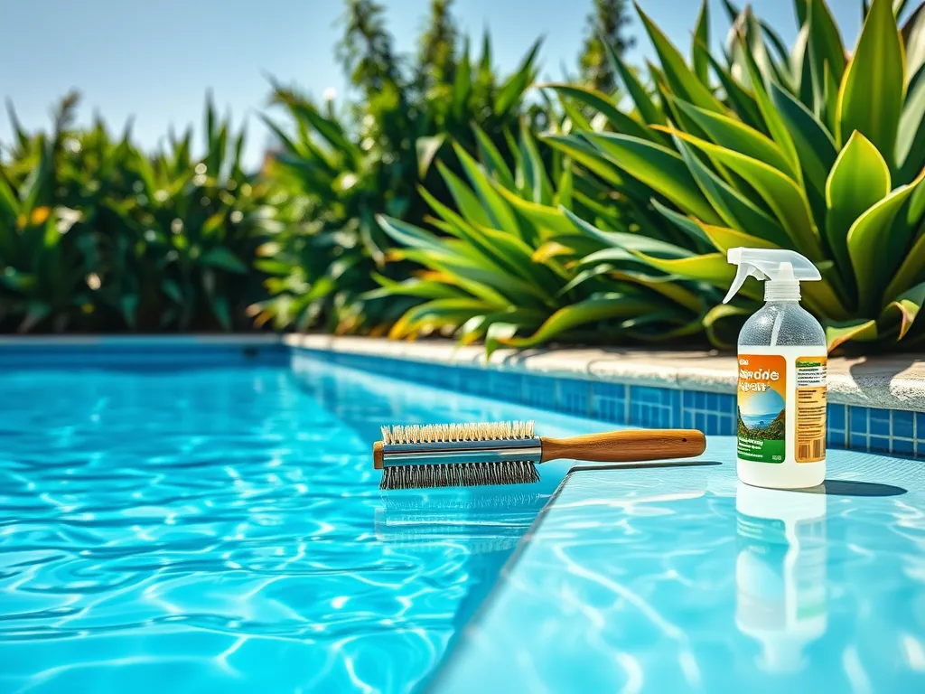 Pool cleaning supplies including a brush and a spray bottle next to the water.