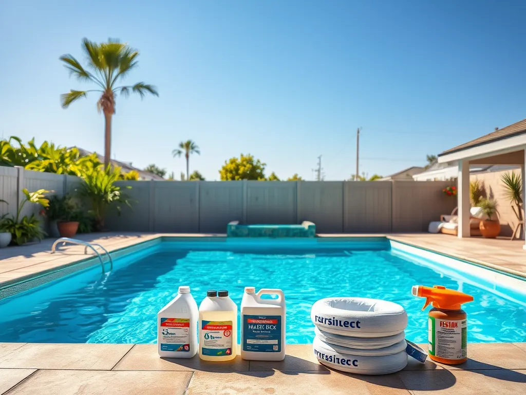 A selection of products for a pool closing kit, including chemicals and tools, essential for pool maintenance.