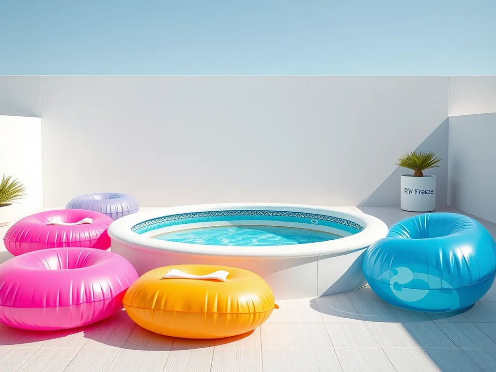 Colorful pool floats surrounding an empty pool ready for closing with a pool closing kit.