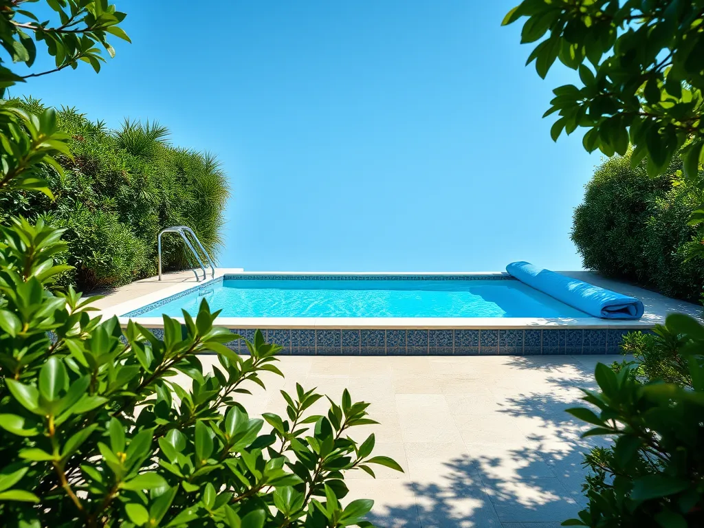 A clean swimming pool with a cover, illustrating how a pool cover helps prevent algae growth.