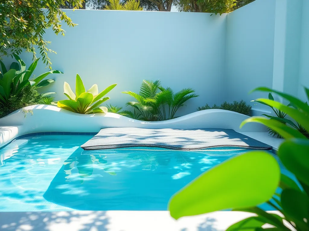 A covered swimming pool surrounded by lush greenery, showing how a pool cover can help prevent algae growth.