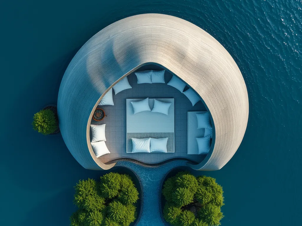 Aerial view of a unique pool setup illustrating water and pool cover interaction, relevant to does water seep through pool cover.