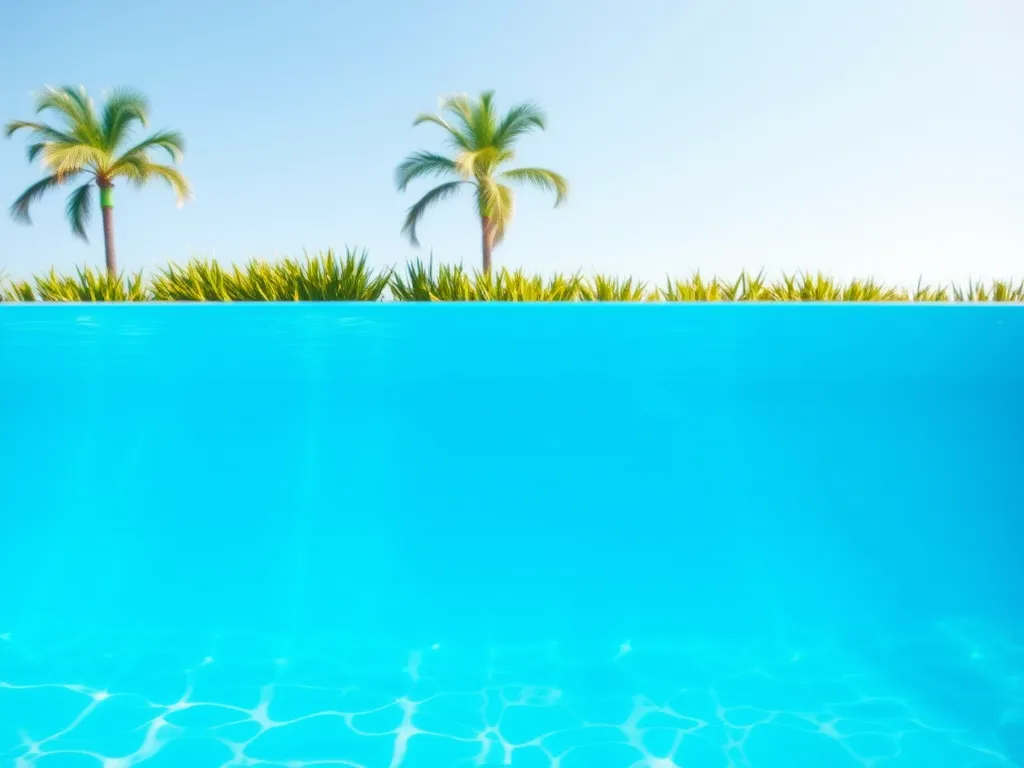 Clear blue swimming pool water with palm trees and greenery, illustrating the importance of measuring pool depth.