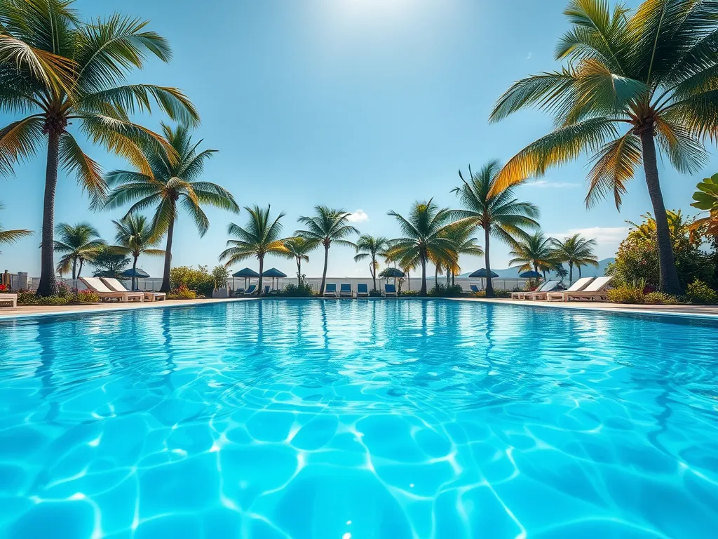 Beautiful swimming pool with palm trees illustrating electricity costs for pool maintenance