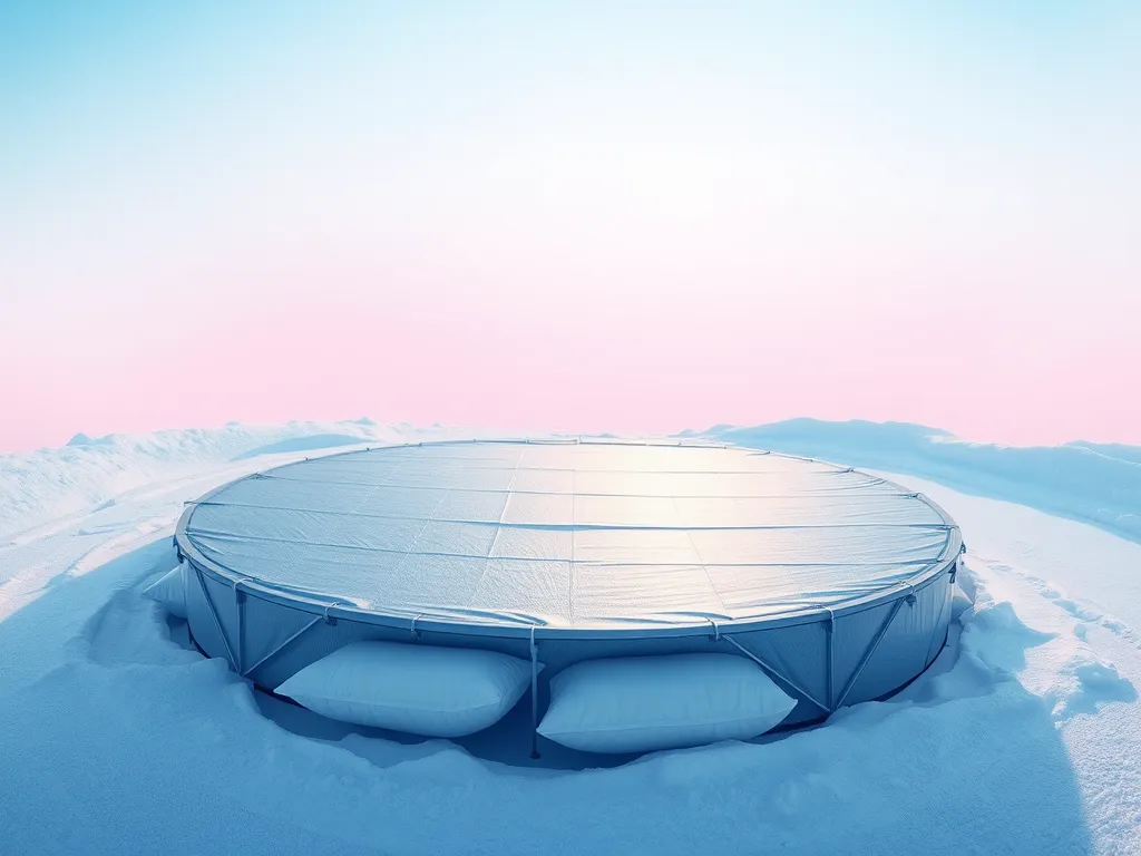 A pool covered with a winter cover surrounded by snow, illustrating how to keep pool equipment from freezing.