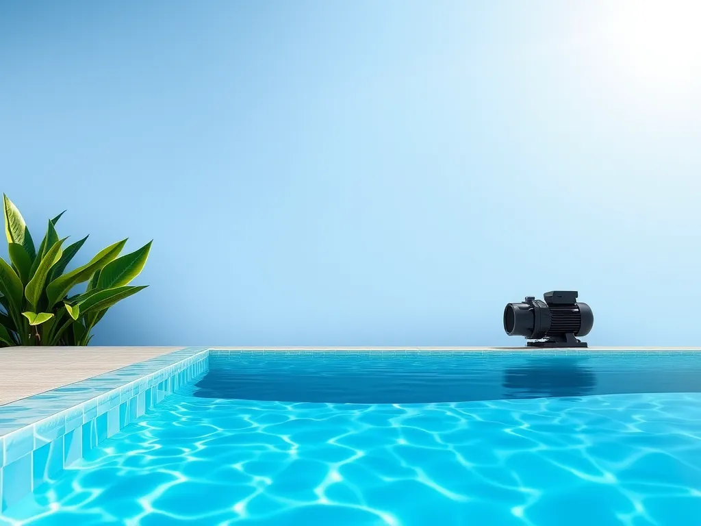 A pool filter system shown by a sparkling clear swimming pool, discussing if a pool filter needs to run 24/7.