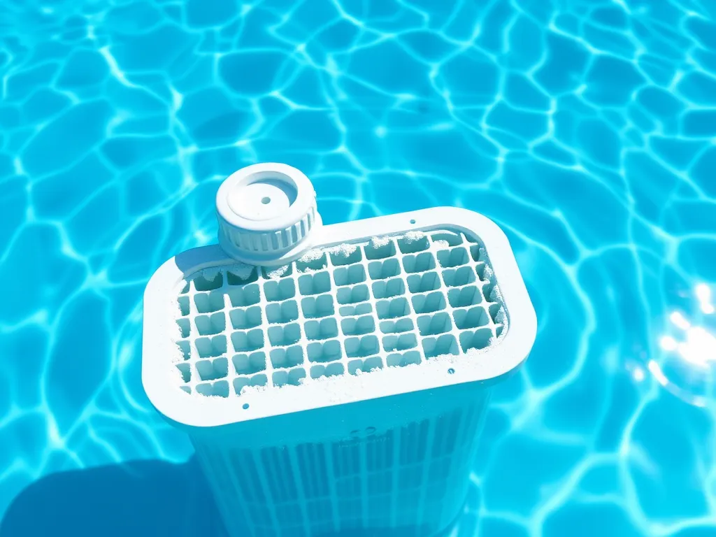 A clean pool filter cartridge in clear blue water, essential for maintaining pool cleanliness.
