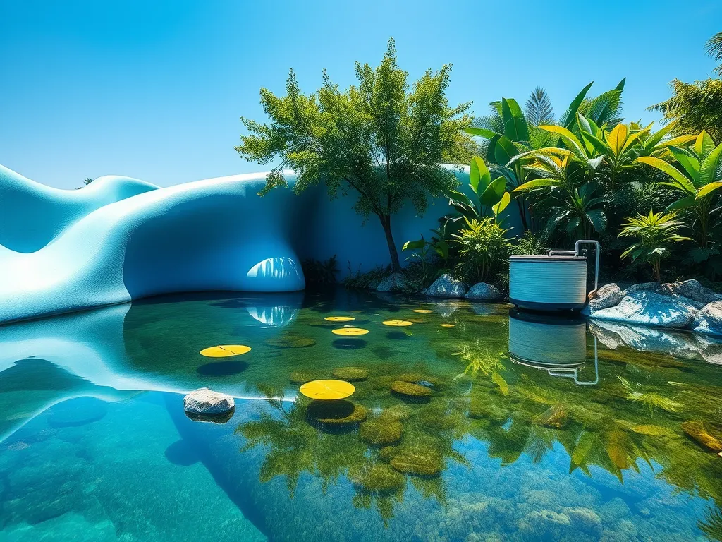 A serene pond with a visible pool filter, illustrating the concept of using a pool filter for pond management.