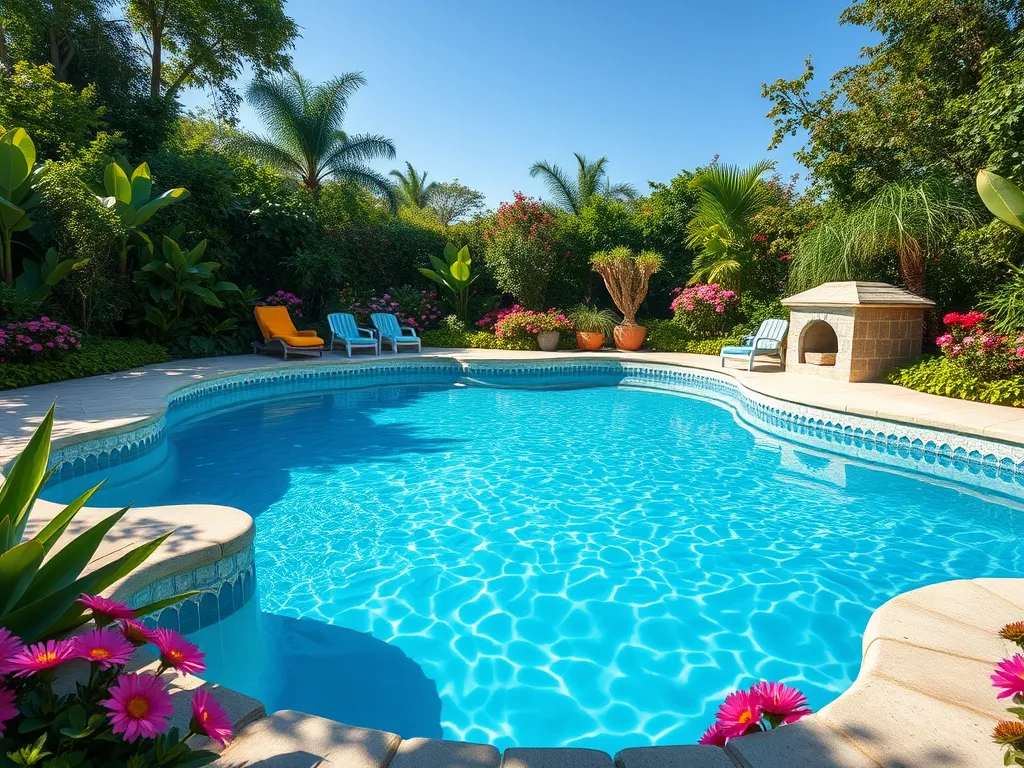 A clear swimming pool with vibrant landscaping, discussing using a pool filter for pond filtration.