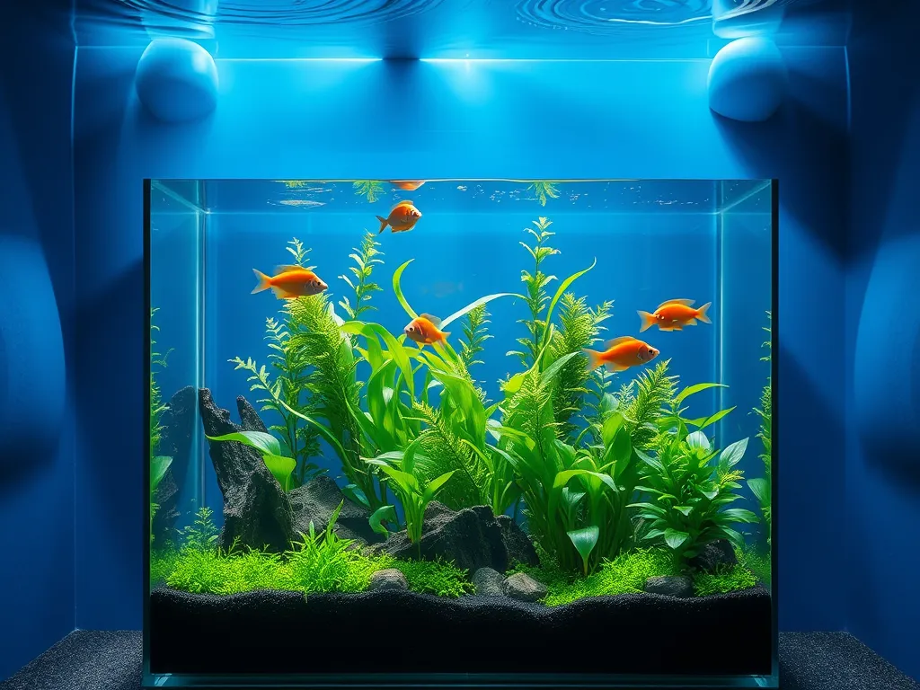 Aquarium with fish and plants, showcasing the potential use of pool filter sand as substrate.