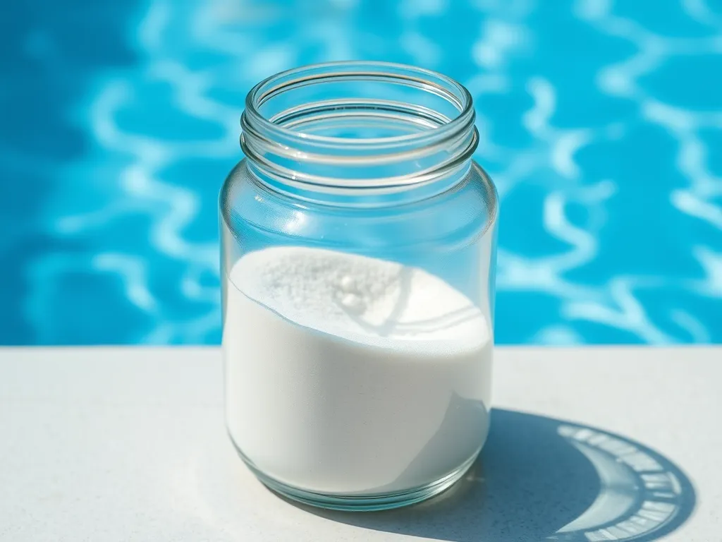 A jar of white sand suitable for pool filters by the poolside