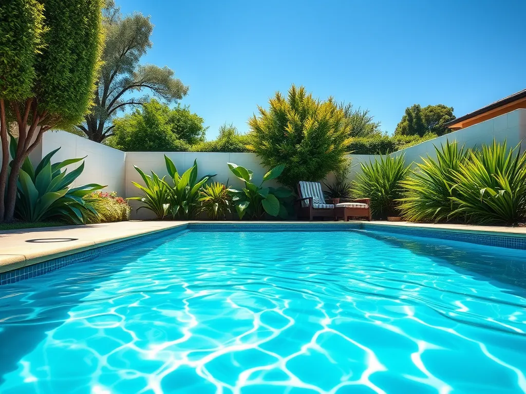 Crystal clear swimming pool with filter running, illustrating the need for continuous filtration.