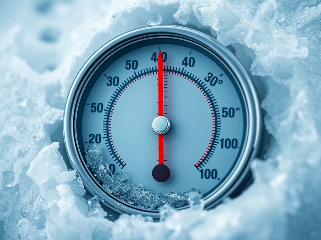 Temperature gauge in ice showing low temperatures that can freeze pool equipment