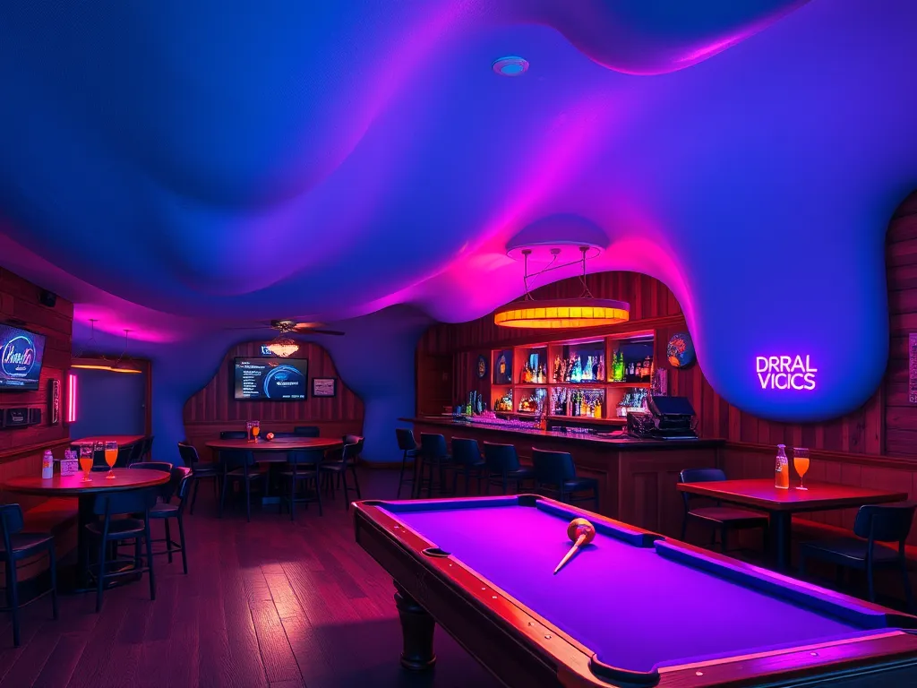 Interior view of a vibrant pool hall showcasing a pool table and lively atmosphere, related to the profitability of pool halls.