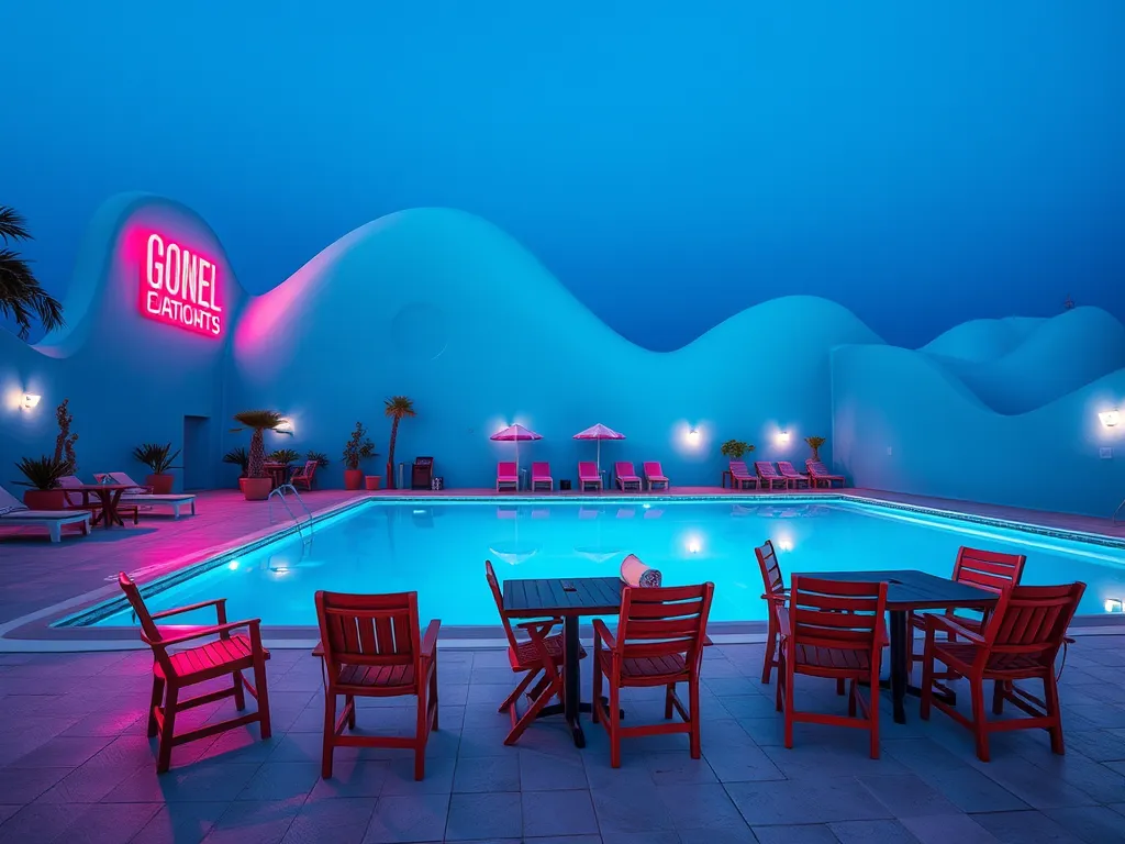 A vibrant pool hall with a swimming pool, outdoor seating, and neon lights, illustrating the ambiance of a profitable entertainment venue.