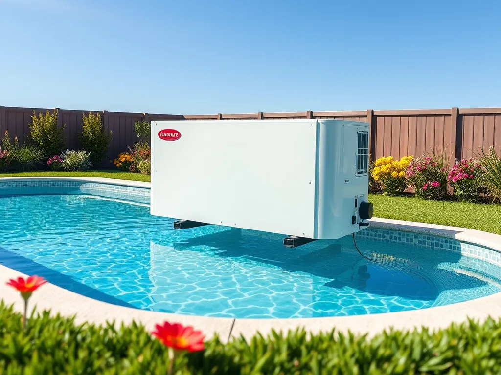 Energy-efficient pool heat pump installed next to a swimming pool for optimal heating