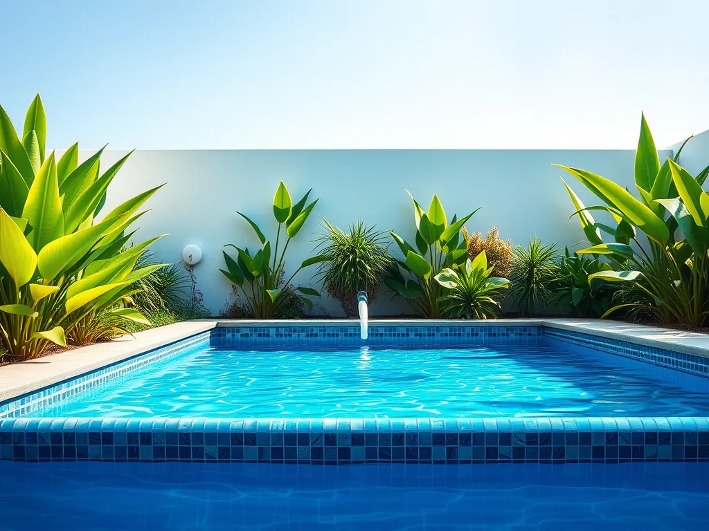 A backyard pool with clear blue water, surrounded by lush greenery, emphasizing safety considerations like GFCI protection for pool heaters.