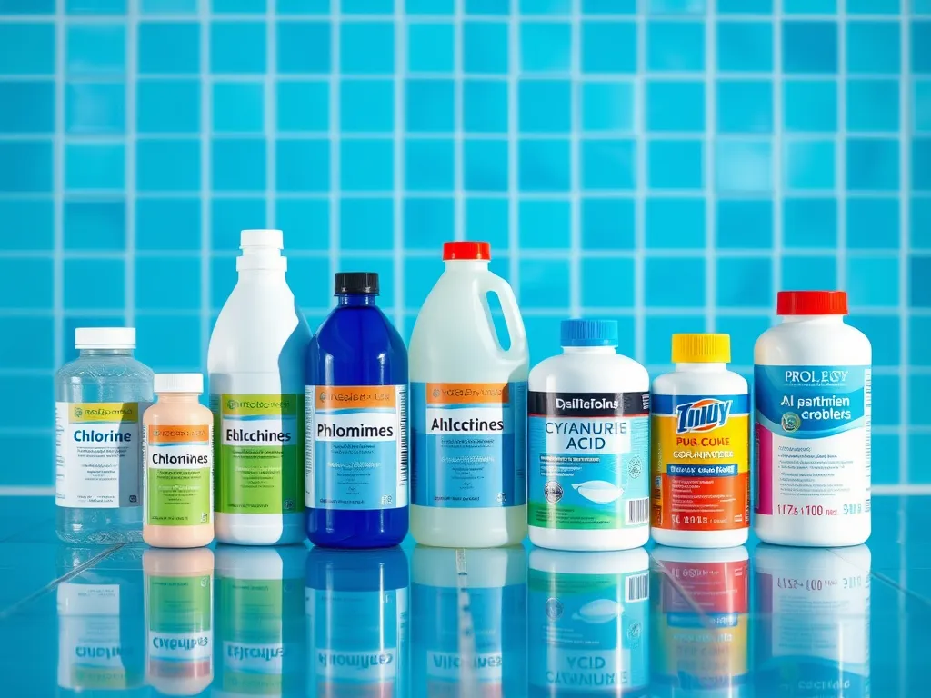 Various pool maintenance chemicals including chlorine and cyanuric acid for cost calculator