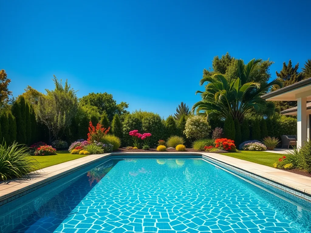 A sunny backyard with a pool, representing the concept of using a pool noodle for insulating pipes.