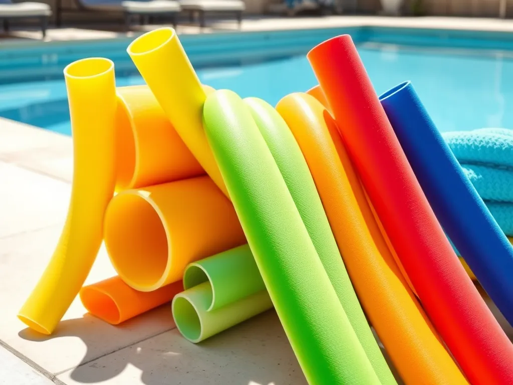 Colorful pool noodles stacked near a pool, showcasing their potential for insulating pipes.