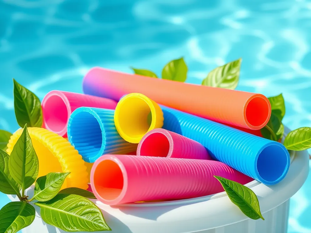Colorful pool noodles arranged beside a swimming pool, highlighting the topic of pool noodles recyclability.
